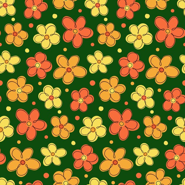 Yellow and orange doodle flowers Seamless repeating pattern on a dark background