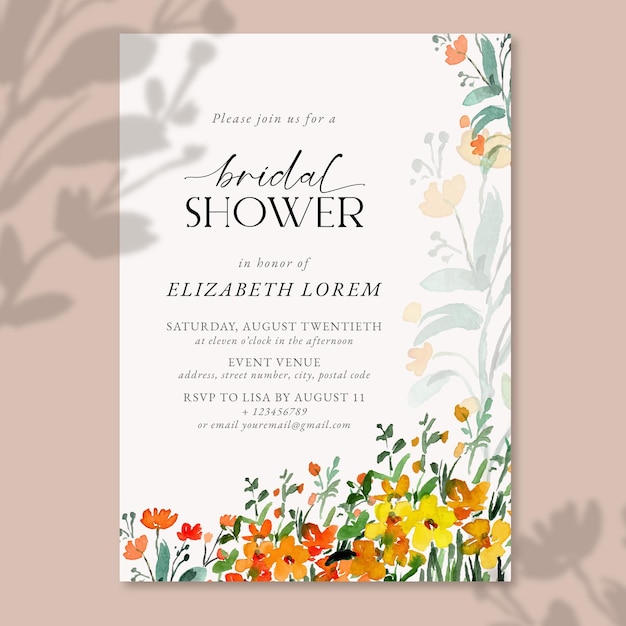 Vector yellow and orange  watercolor floral landscape wedding invitation template elegant simple