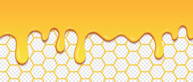 Vector yellow pattern with honeycomb and honey drips dripping honey seamless pattern gold honey hexagonal cells seamless texture vector illustration