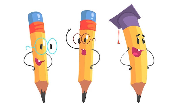 Yellow pencil with hands and glasses Vector illustration