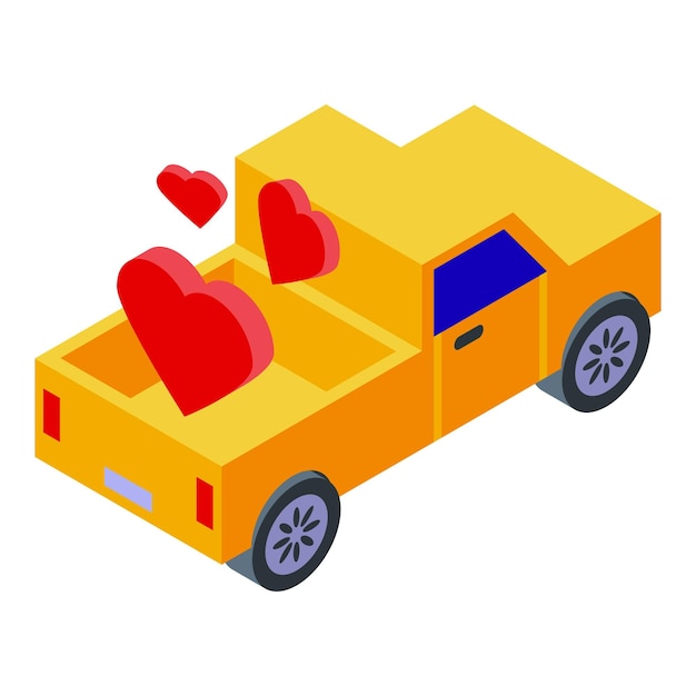 Vector yellow pickup truck carrying hearts spreading love isometric view