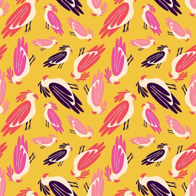 A yellow and pink bird pattern with birds of different colors and sizes