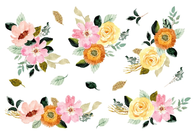 yellow pink floral garden watercolor arrangement collection