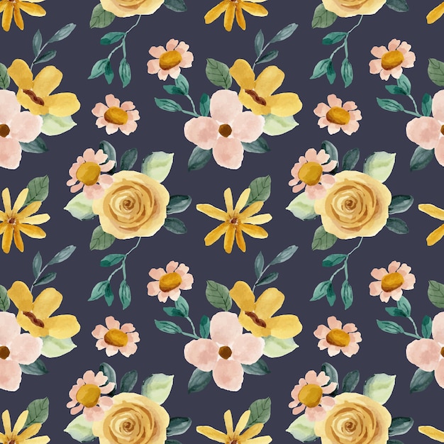 yellow pink floral watercolor seamless pattern