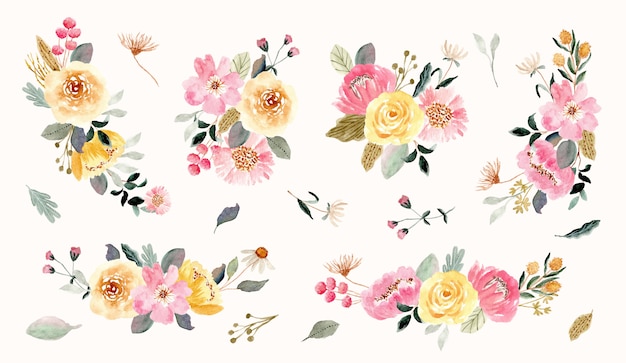 yellow pink flower arrangement watercolor collection