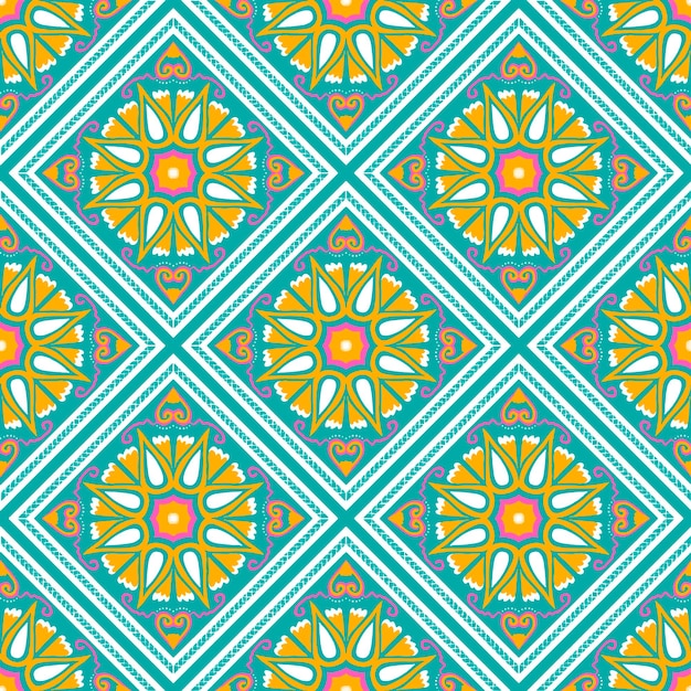 Yellow Pink White on Green Teal Geometric ethnic oriental pattern traditional Design for backgroundcarpetwallpaperclothingwrappingBatikfabricVector illustration embroidery stylexA