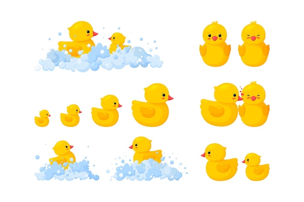 Yellow plastic duck toys in suds, parent and baby. illustration in cartoon style