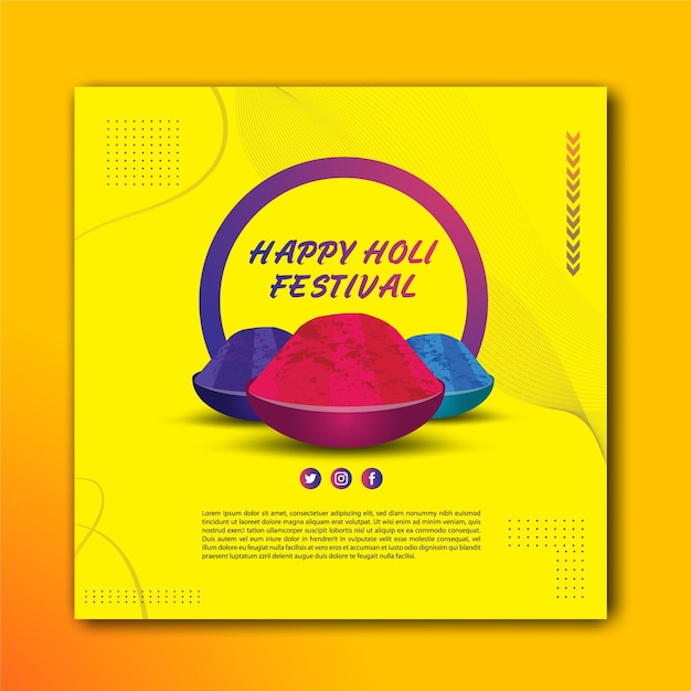 A yellow poster for happy holi festival with a colorful container in the middle