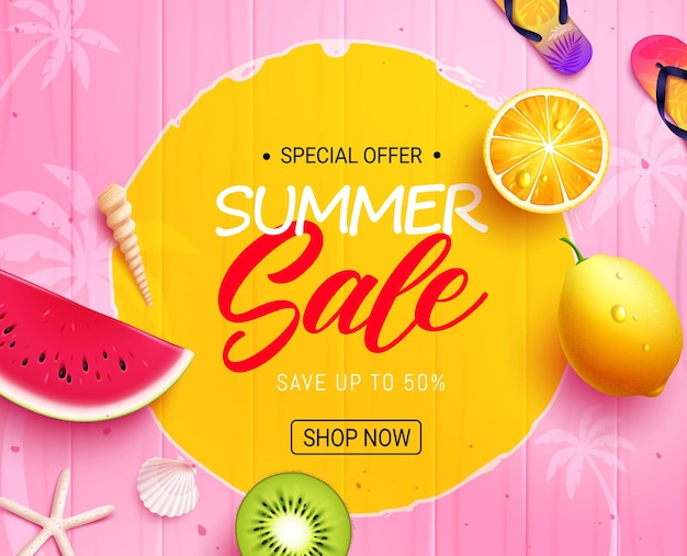 A yellow poster for summer sale with fruits and a lemon.