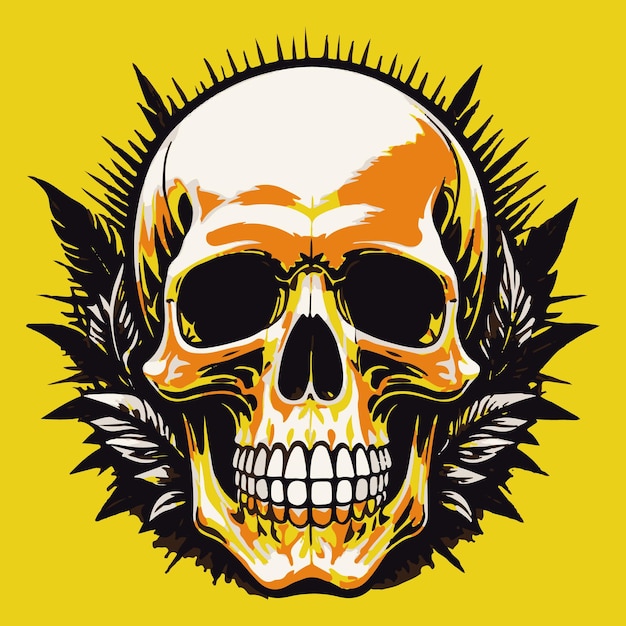 a yellow poster with a skull and a picture of a skull with a ring of hair