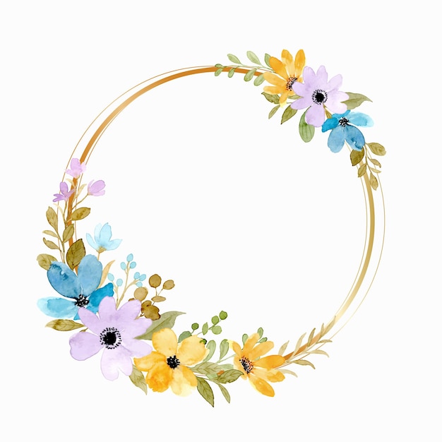 Yellow purple floral wreath with gold circle