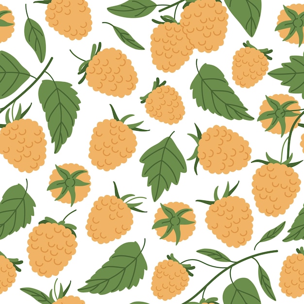 Yellow raspberries seamless pattern Hand drawn raspberry endless design fresh berry for healthy nutrition flat vector background illustration Forest yellow raspberry pattern