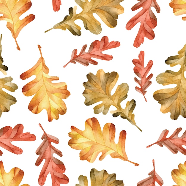 Yellow, red and khaki oak leaves watercolor seamless pattern