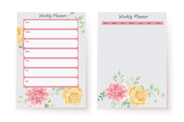 Yellow and red rose watercolor flower weekly planner template