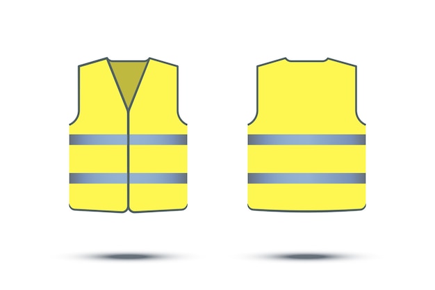 Yellow reflective safety vest isolated on white background, front and back sides