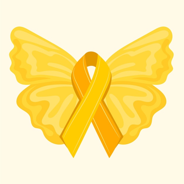 Yellow ribbon with angel wings. Childhood Cancer Awareness Ribbon