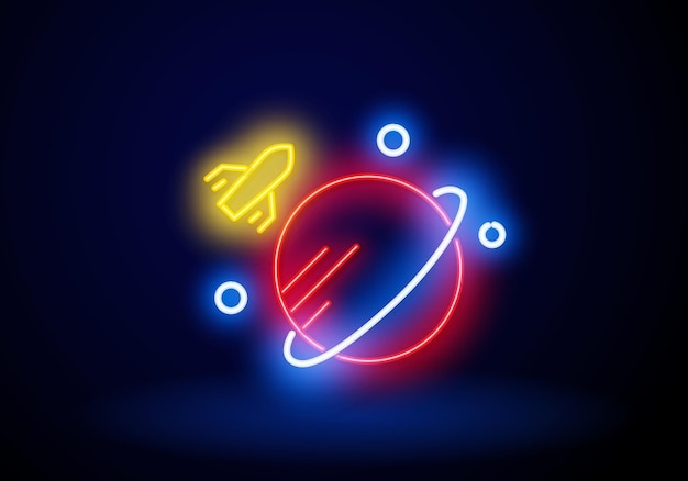 Yellow Rocket Fly Round Planet neon light sign vector Glowing bright icon Rocket Fly Round Planet sign Rocket and Galaxy Planets Neon Light Glowing Vector Red