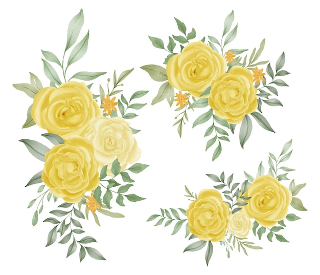 Yellow rose flower watercolor bouquet