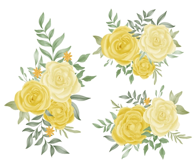 Yellow rose flower watercolor bouquet