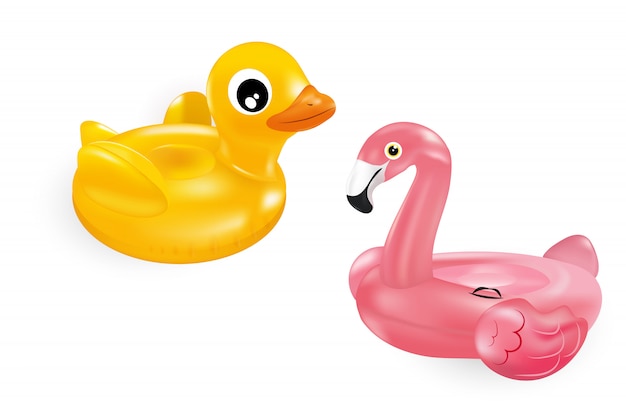 Vector a yellow rubber duck and a pink rubber flamingo.