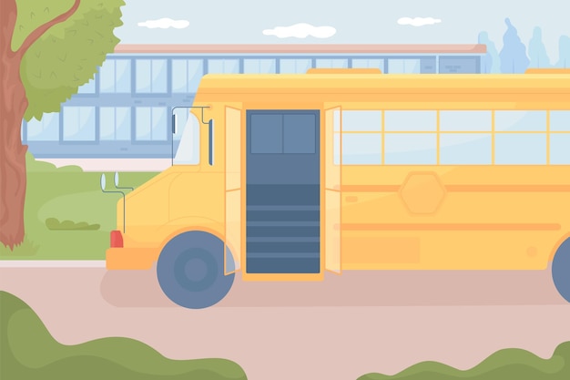 Yellow school bus waiting near school flat color vector illustration