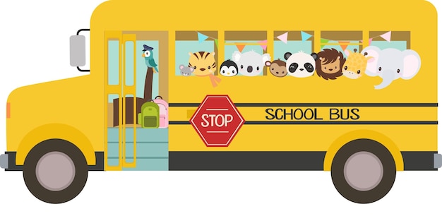 Yellow school bus with cute animals going to school and a parrot bus driver