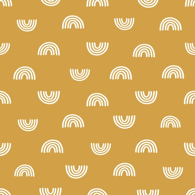 Yellow seamless pattern with cute boho rainbows