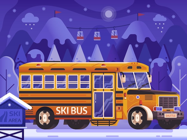 Yellow Ski Bus Shuttle on Winter Background