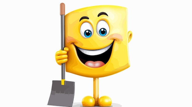 a yellow smiley face with a shovel and a white background