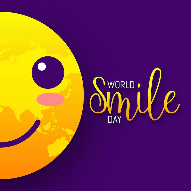 A yellow smiley face with the words world smile day on it