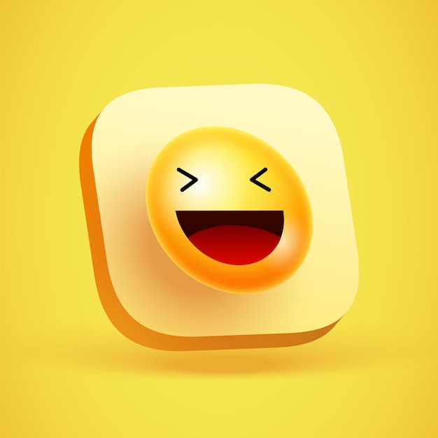 Yellow smileys vector background. Emoticon or smiley with funny and happy facial expressions on yellow 3d app icon. Vector illustration.