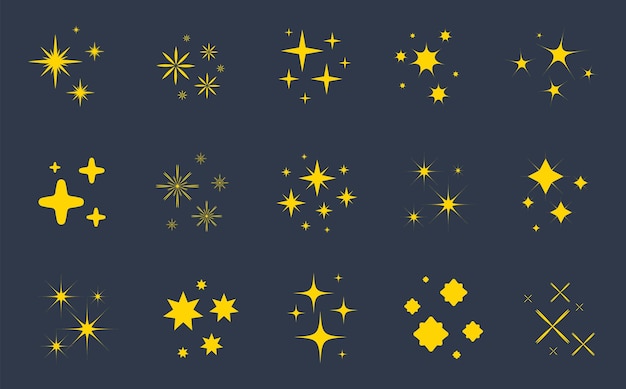 Yellow sparkles star symbols stars and magic lights sparkles set magic shine effect starburst