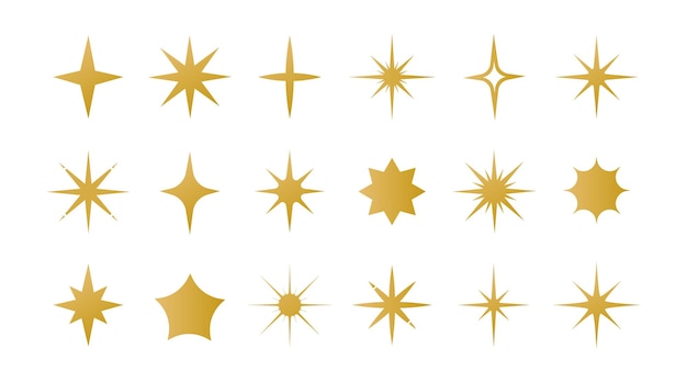 Yellow stars Minimalistic golden glitters and cartoon shiny sparkles design Festive firework particles Twinkling and glowing shapes Starry blinks Vector isolated holiday brilliant flares set