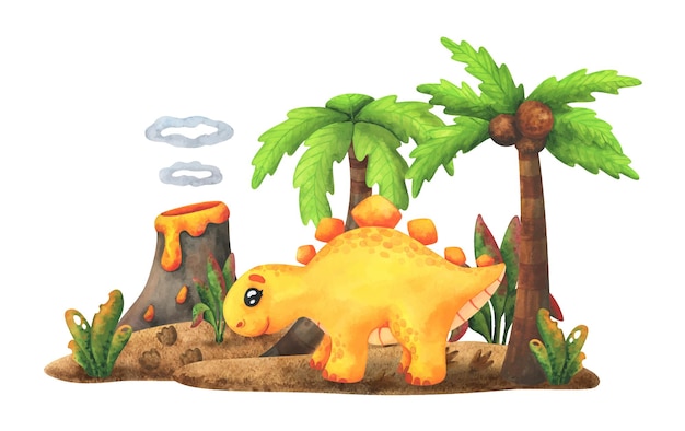 yellow stegosaurus stands on an island with a volcano and a palm tree. cartoon dinosaur.