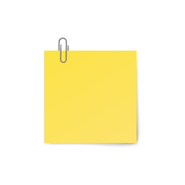 Yellow sticky note with paper clip isolated on white background