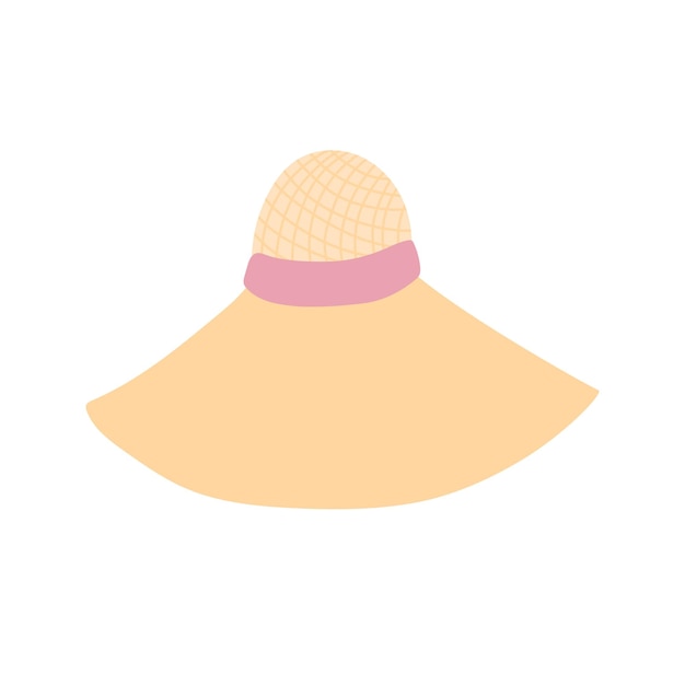 Yellow straw hat with pink ribbon flat illustration Vector isolated on white background