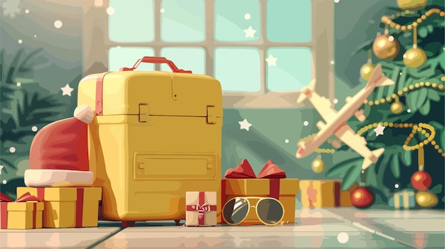 Vector yellow suitcase with christmas gift boxes and sunglasses