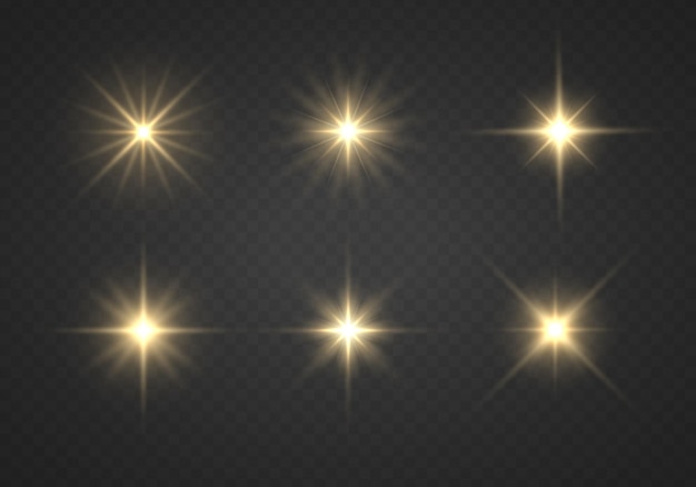 Yellow sun sparkles Bright flash Lighting flare Set glowing light effect Glitter star sparks Vector