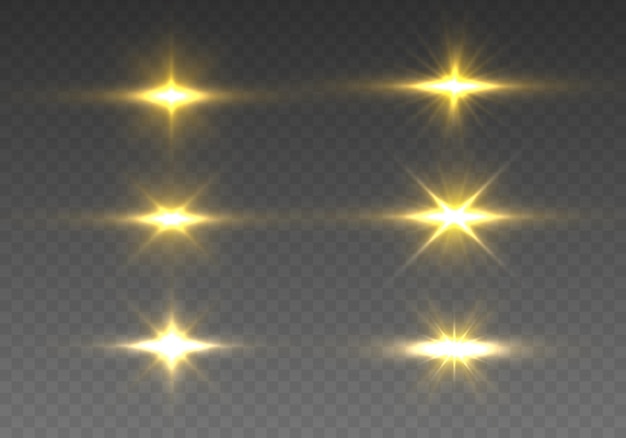 Yellow sun sparkles Bright flash Lighting flare Set glowing light effect Glitter star sparks Vector