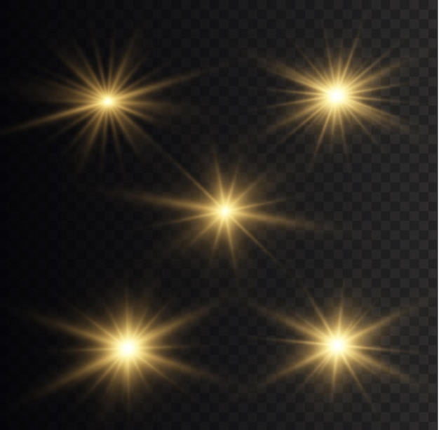 Yellow sun sparkles Bright flash Lighting flare Set glowing light effect Glitter star sparks Vector