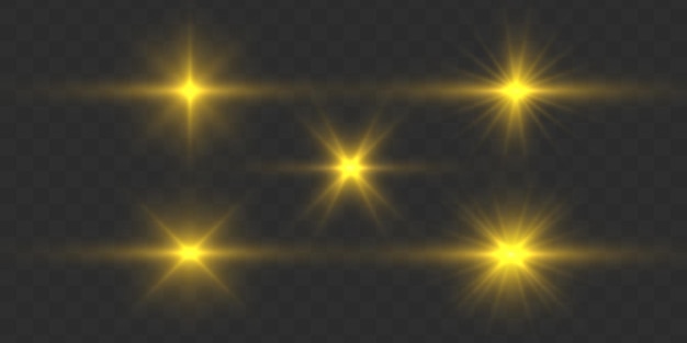 Yellow sun sparkles Bright flash Lighting flare Set glowing light effect Glitter star sparks Vector