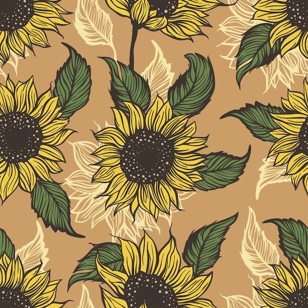 Yellow sunflower seamless vector pattern Nature summer plant botanical flora ornament