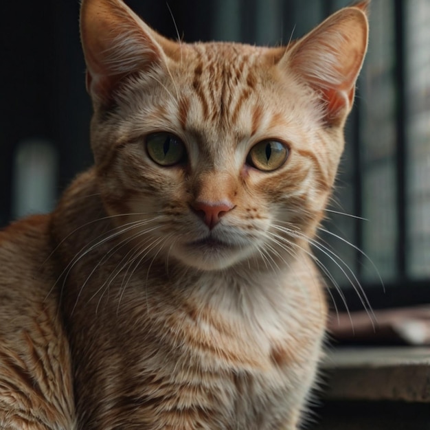 a yellow tabby cat sits on a window sill