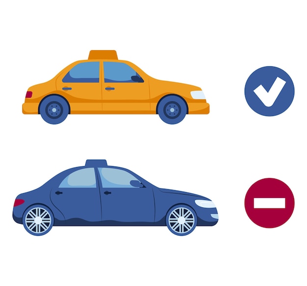 Yellow taxi and blue sedan car with checkmark and prohibition symbols transportation comparison