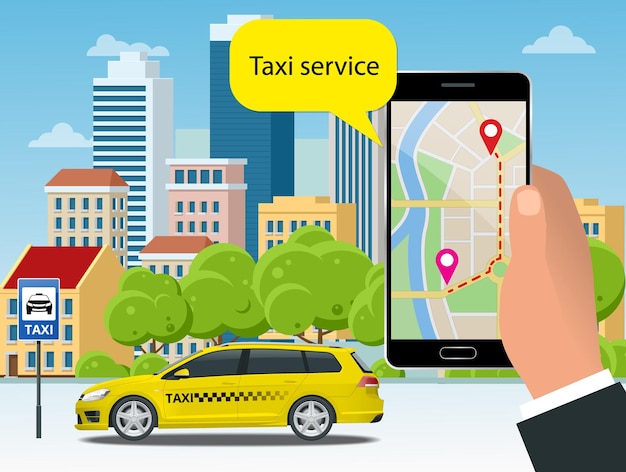 Yellow taxi cab and mobile application in phone with city background. Mobile app for booking service. Flat vector illustration for business, infographic, banner, presentations.