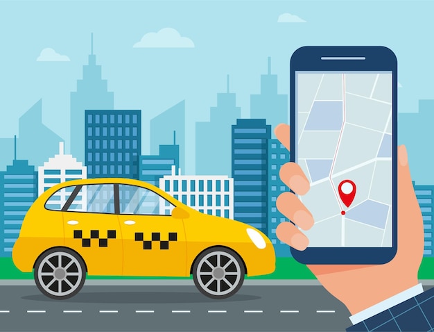 Yellow taxi. Hands with smartphone and taxi app in the city. Taxi service concept. Vector illustration in flat style EPS 10