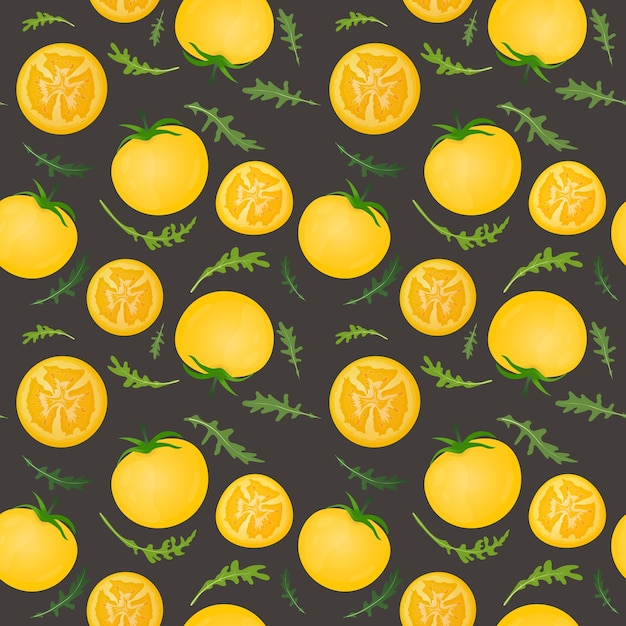 Yellow tomatoes on dark background. Tomato vegetable with arugula leaves. Seamless pattern.