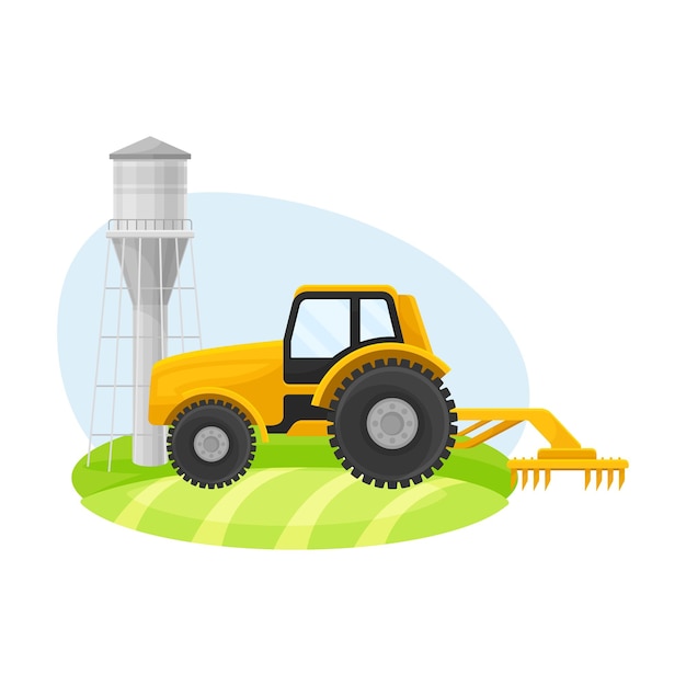 Vector yellow tractor plowing field and water tower as farm machinery and construction vector composition