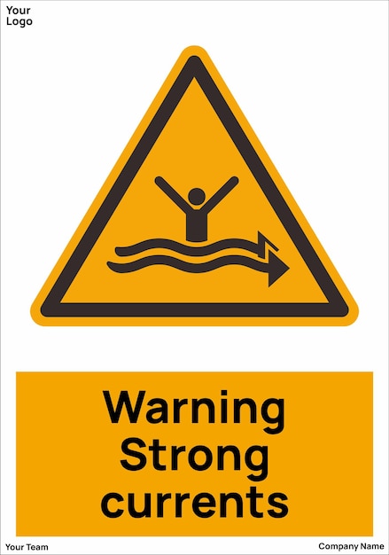 Vector a yellow triangle warning sign that says warning of strong strong currents