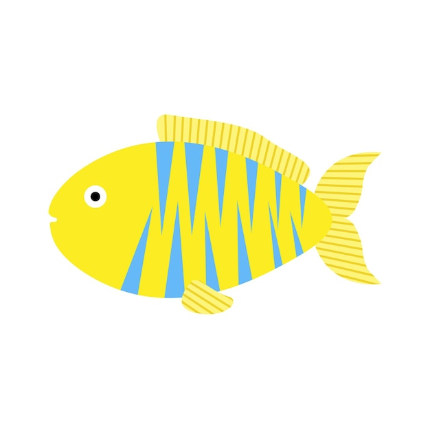 Yellow tropical fish with blue stripes isolated on white background Cute flat character